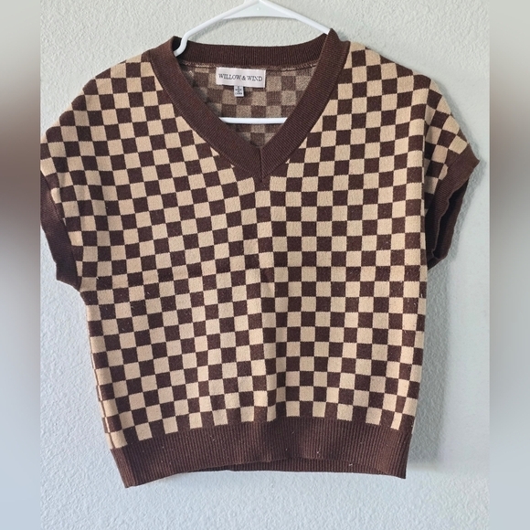 Willow&Wind Womens Checkered Pattern Print Brown&Tan Vest Sweater Sz Small - Picture 3 of 8